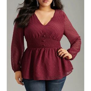 Bloomchic Smocked Lantern Sleeve Blouse Red